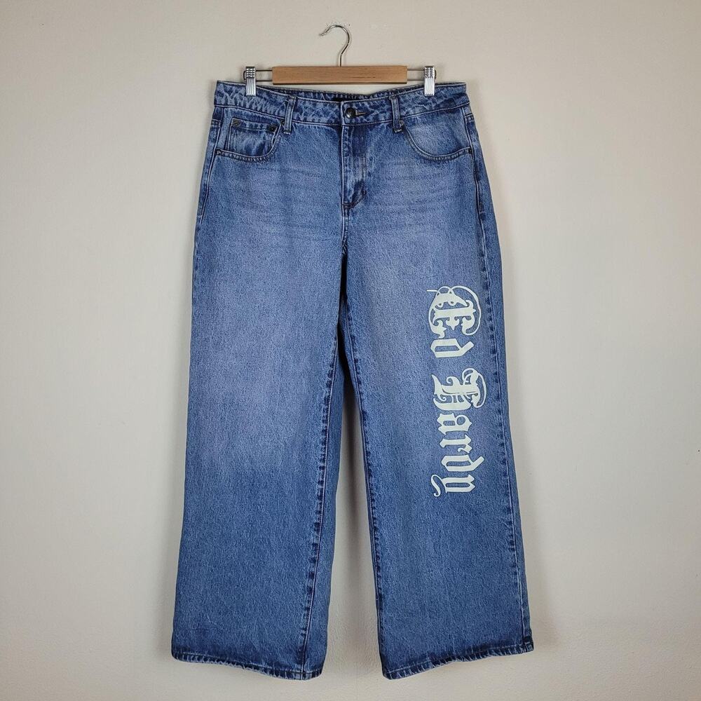 Ed Hardy Jeans 32 Blue Born Free Tattoo Wide Leg Loose Fit Y2K Skater Streetwear